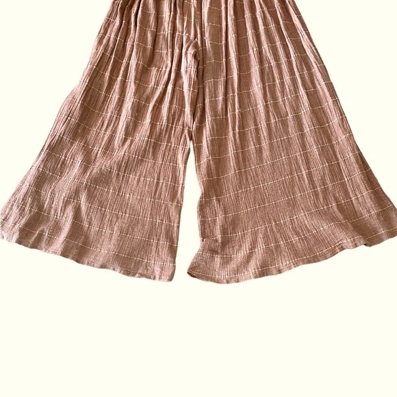 Free People Tan Checker Print Wide Leg Tie Waist Textured Gauze Pants - 12 - Picture 7 of 11